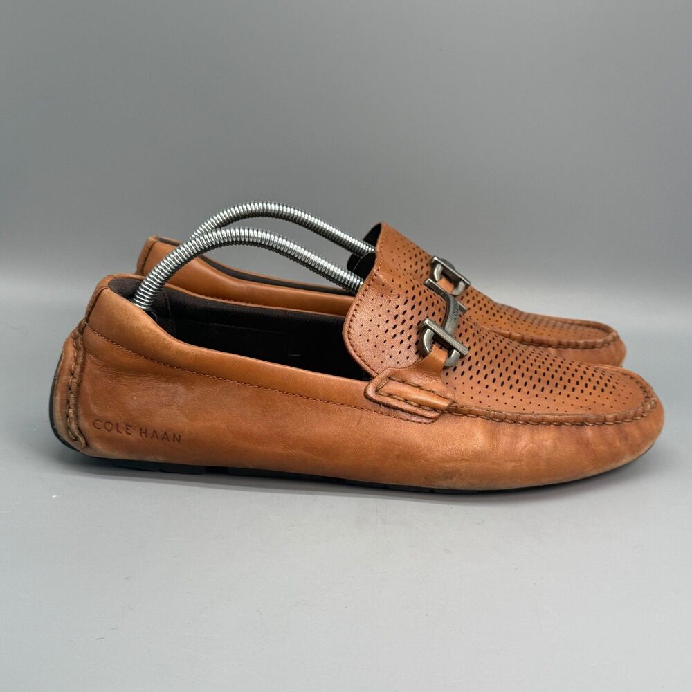 Cole Haan Grand Laser Bit Men's 10 British Tan Leather Slip-On Driving Loafers